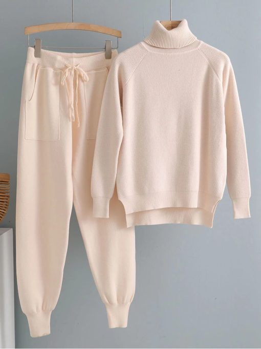 2 Pieces Women Tracksuit Turtleneck Sweater + Carrot Jogging PantBottoms2021-y2-Pieces-Set-Women-Knitted