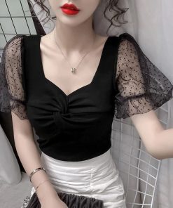 Korean Style Lace Patchwork ShirtsTops2022-Summer-Womenb-New-Korean-Sty