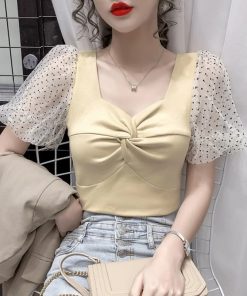 Korean Style Lace Patchwork ShirtsTops2022-Summer-Womeny-New-Korean-Sty