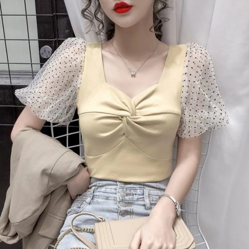 Korean Style Lace Patchwork ShirtsTops2022-Summer-Womeny-New-Korean-Sty
