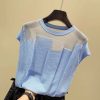 Women’s O-Neck Short Sleeve BlouseTopsKorean-Patchwork-Ice-Silk-Knitte
