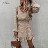 Square Collar Elastic Waist Ruffle DressDressesWomen-Mini-Dresses-2021-Autumn-F