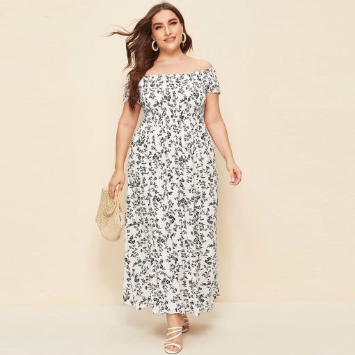 Plus Size Off Shoulder Long DressDressesmainimage02021-New-Floral-Dress-Summer-Women-Plus-Size-Off-Shoulder-Dresses-Slash-Neck-Shirred-High-Split