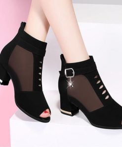 New Peep Toe SandalsSandalsmainimage02021-New-Peep-Toe-Sandals-Boots-Women-PU-Leather-Summer-Mesh-Shoes-Low-Heels-Back-Zip