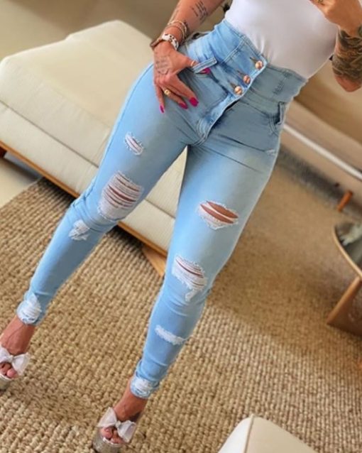 Ripped Skinny Denim JeansBottomsmainimage02021-New-Streetwear-Womens-Clothing-High-Waist-Button-Ripped-Tight-Jeans-Fashion-Casual-Bodycon-Trousers-Skinny