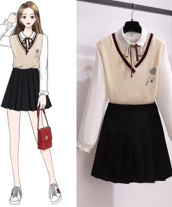 3 in 1 Spring OutfitsDressesmainimage02021-Women-s-3pcs-Suit-Student-Style-Kit-Long-Sleeve-Blouse-Knitted-Vest-Mini-Skirt-Spring