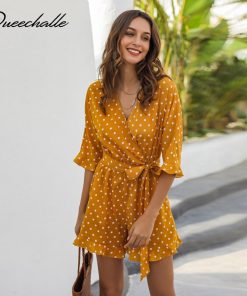 Dot Print Casual Mini DressDressesmainimage0Dot-Print-Casual-Playsuits-Women-s-Summer-2021-New-Yellow-Sexy-Cross-V-neck-Ruffle-Patchwork