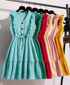 V-neck Ruffle Mini DressDressesmainimage0Female-Solid-Color-Sleeveless-V-neck-Ruffled-Lace-up-Button-Dress-Women-s-Fashion-Sweet-Elastic