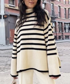 Pullover Turtleneck SweaterTopsmainimage0New-Ladies-Autumn-Winter-Turtleneck-Sweater-Women-Pullover-Tops-Clothes-Black-White-Striped-Loose-Casual-Sweater