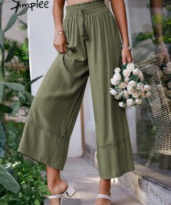 High Waist Wide Leg PantBottomsmainimage0Simplee-Army-green-lace-up-elastic-high-waist-women-wide-leg-pants-Casual-hollow-out-long