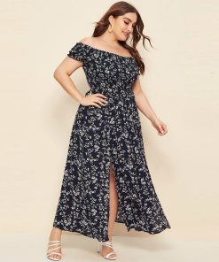 Plus Size Off Shoulder Long DressDressesmainimage12021-New-Floral-Dress-Summer-Women-Plus-Size-Off-Shoulder-Dresses-Slash-Neck-Shirred-High-Split