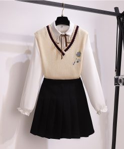 3 in 1 Spring OutfitsDressesmainimage12021-Women-s-3pcs-Suit-Student-Style-Kit-Long-Sleeve-Blouse-Knitted-Vest-Mini-Skirt-Spring