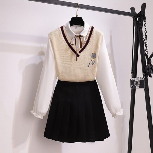 3 in 1 Spring OutfitsDressesmainimage12021-Women-s-3pcs-Suit-Student-Style-Kit-Long-Sleeve-Blouse-Knitted-Vest-Mini-Skirt-Spring