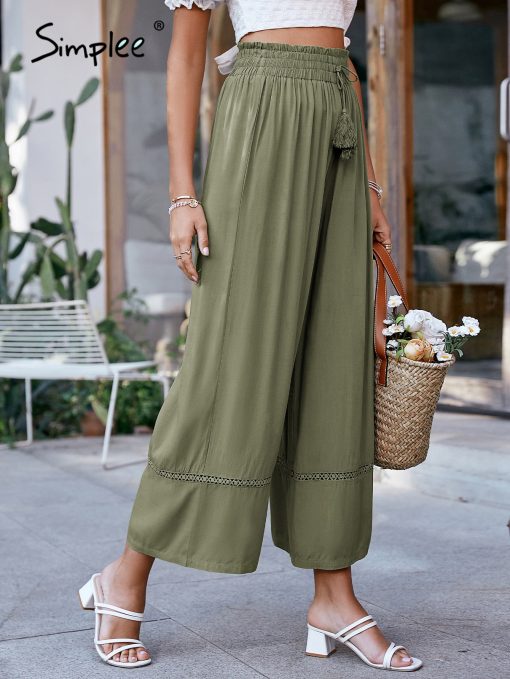 High Waist Wide Leg PantBottomsmainimage1Simplee-Army-green-lace-up-elastic-high-waist-women-wide-leg-pants-Casual-hollow-out-long