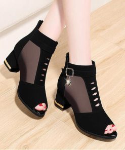 New Peep Toe SandalsSandalsmainimage22021-New-Peep-Toe-Sandals-Boots-Women-PU-Leather-Summer-Mesh-Shoes-Low-Heels-Back-Zip