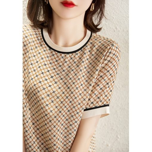 French Style Plaid T Shirt-TeeTopsmainimage2French-Romance-Tops-Women-s-Short-sleeved-Square-Plaid-Printed-Ice-Silk-T-shirt-2022-Summer