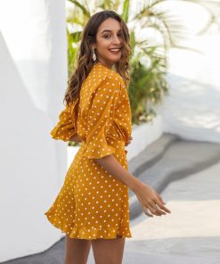 Dot Print Casual Mini DressDressesmainimage3Dot-Print-Casual-Playsuits-Women-s-Summer-2021-New-Yellow-Sexy-Cross-V-neck-Ruffle-Patchwork