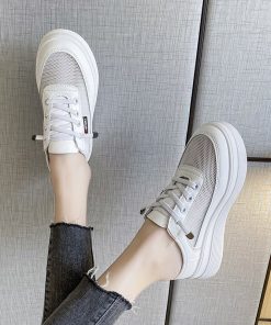 Thick Sole Half Mesh SneakersSandalsmainimage42021-Spring-and-Summer-Half-Slippers-Female-Hollow-Out-All-match-Flat-bottomed-Outer-Penetration-Air