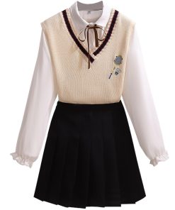 3 in 1 Spring OutfitsDressesmainimage42021-Women-s-3pcs-Suit-Student-Style-Kit-Long-Sleeve-Blouse-Knitted-Vest-Mini-Skirt-Spring