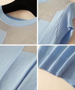 Women’s O-Neck Short Sleeve BlouseTopsmainimage4Korean-Patchwork-Ice-Silk-Knitted-Tops-Blusas-Mujer-De-Moda-Women-O-neck-Short-Sleeve-Pullover