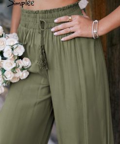 High Waist Wide Leg PantBottomsmainimage5Simplee-Army-green-lace-up-elastic-high-waist-women-wide-leg-pants-Casual-hollow-out-long