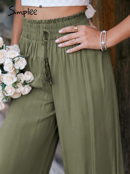 High Waist Wide Leg PantBottomsmainimage5Simplee-Army-green-lace-up-elastic-high-waist-women-wide-leg-pants-Casual-hollow-out-long