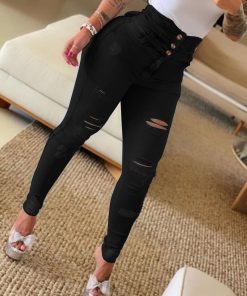 Ripped Skinny Denim JeansBottomsvariantimage0High-Waist-Buttoned-Ripped-Skinny-Jeans-Women-Daily-Casual-Denim-Pants
