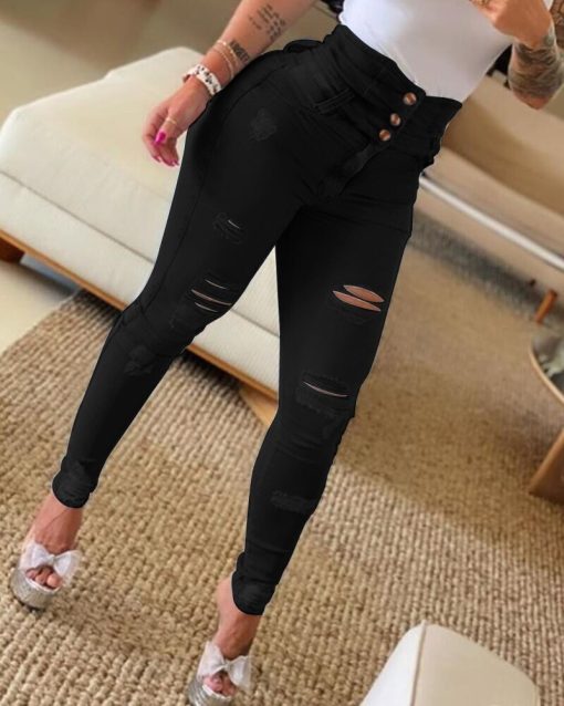Ripped Skinny Denim JeansBottomsvariantimage0High-Waist-Buttoned-Ripped-Skinny-Jeans-Women-Daily-Casual-Denim-Pants