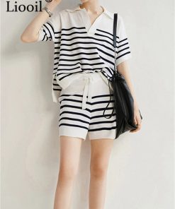 Summer Tops & Shorts Casual  Drawstring Knitted TracksuitDresses2-Black-And-White-Stripe-Knit-Two