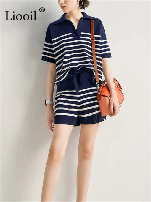 Summer Tops & Shorts Casual  Drawstring Knitted TracksuitDresses6-Black-And-White-Stripe-Knit-Two