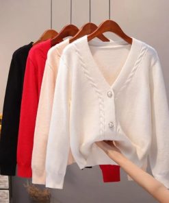 V Neck Pearl Single Breasted SweaterTopsSweater-Cardigan-Women-Autumn-Wi