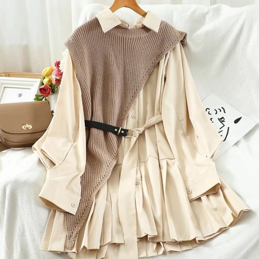 Pleated Dress +Irregular Drawstring Knitted VestDressesSweet-Suit-Women-Japan-Single-Br