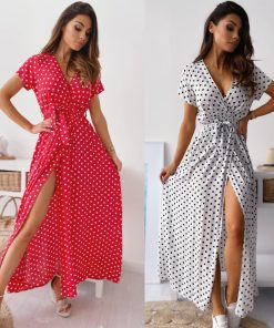 New Style Sexy Polka Dot Long DressDressesmainimage0Elegant-Summer-New-Style-Sexy-Slim-V-neck-Printed-Polka-dot-Lace-up-Dress-With-Split