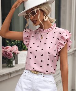 Mini Heart Print BlouseTopsmainimage0Fashion-Chiffon-Print-Women-s-Shirt-Casual-Ruffle-Short-Sleeve-Top-Pink-Chic-Woman-Blouse-And