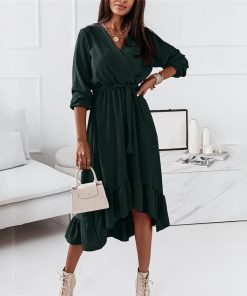 Elegant Fashion V-Neck Midi DressDressesmainimage0Fashion-V-Neck-Long-Sleeve-Green-Midi-Dress-Women-2021-Fall-Clothes-Casual-Elegant-Office-Ladies