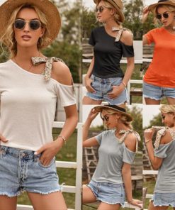 Diagonal Collar Casual ShirtTopsmainimage0Female-Summer-Diagonal-Collar-Casual-Slanted-Shoulder-Strap-Short-Sleeved-T-Shirt-Women-Solid-Color-Slim