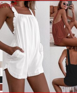 Sexy Backless Loose Cotton JumpsuitsSwimwearsmainimage0Ruffles-Pockets-Solid-Casual-Women-Rompers-2022-Summer-Sexy-Backless-Loose-Cotton-Club-Jumpsuits-Breathable-Beach
