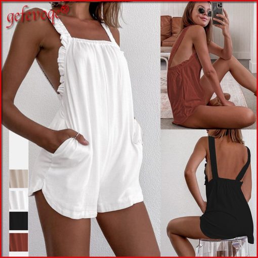 Sexy Backless Loose Cotton JumpsuitsSwimwearsmainimage0Ruffles-Pockets-Solid-Casual-Women-Rompers-2022-Summer-Sexy-Backless-Loose-Cotton-Club-Jumpsuits-Breathable-Beach