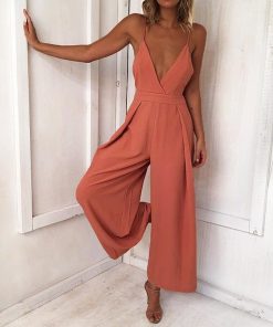 Backless Cotton JumpsuitDressesmainimage0Spring-and-Summer-Fashion-Straps-Sexy-V-neck-Open-Back-Bow-Loose-One-piece-Trousers-Sexy