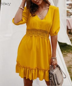 New Fashion Mini Short SundressDressesmainimage0Summer-Dress-Casual-Women-Yellow-Hollow-Ruffle-Ladies-Pink-Fitted-Mini-Short-Sundresses-High-Waist-2022