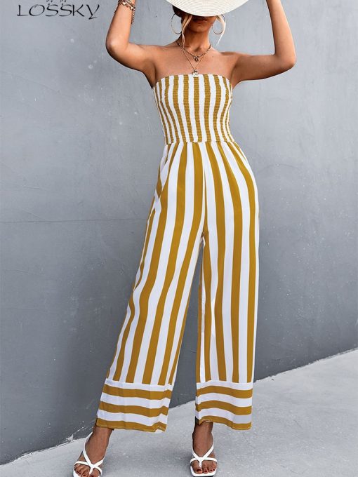 Elegant Strapless Long JumpsuitsDressesmainimage0Summer-Elegant-Strapless-Jumpsuit-Long-Women-Fashion-Black-Striped-Overalls-Wide-Leg-Rompers-Backless-Sexy-Outfits