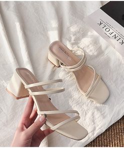 Ladies Square Heel Elegant SandalsSandalsmainimage0Women-Sandals-Ladies-Square-Heels-Elegant-Summer-Slippers-Outside-Cross-Tied-Leather-Female-Slides-2021-Fashion