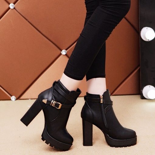 Women’s High Heel Platform Ankle Bootsmainimage12021-New-Top-Quality-Leather-Boots-Women-High-Heels-Platform-Ankle-Boots-For-Women-Round-Toe
