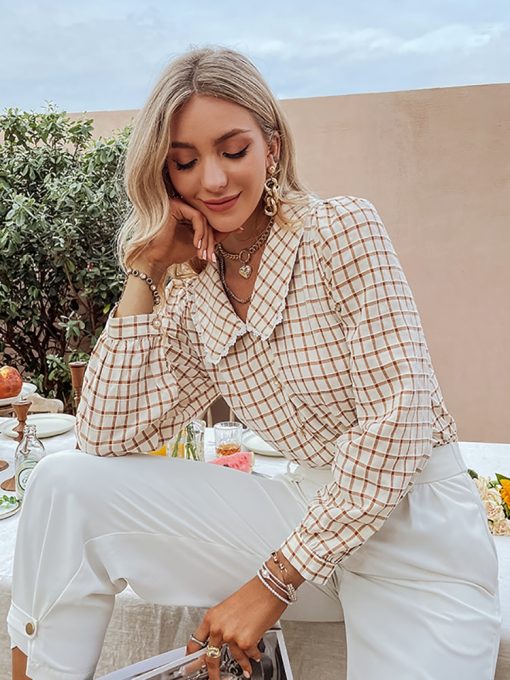 Casual Plaid Trendy BlousesTopsmainimage1Simplee-Autumn-Office-Lady-Gingham-Square-Pattern-Shirt-Women-Casual-V-neck-Brown-Skinny-Blouse-Female