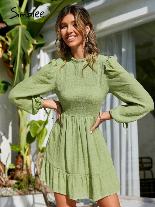 Summer Casual Puff Sleeve Mini SundressDressesmainimage1Simplee-Office-smock-ruffle-women-spring-dress-green-Holiday-high-waist-lace-up-sundress-short-Causal-1