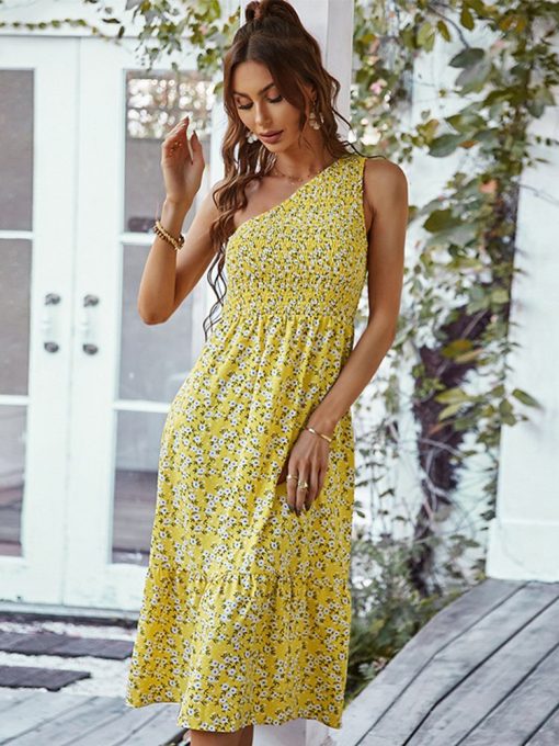 Women’s Sexy Summer Print Inclined Shoulder Dress – Miggon