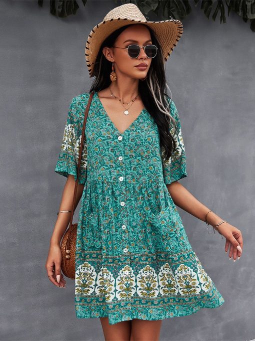 New Floral Print Summer Bohemian Short Dress – Miggon