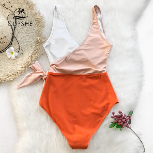 One-piece SwimsuitsSwimwearsmainimage2Cupshe-Orange-And-White-Colorblock-One-piece-Swimsuit-Women-Patchwork-Belt-Bow-Monokini-2022-V-neck