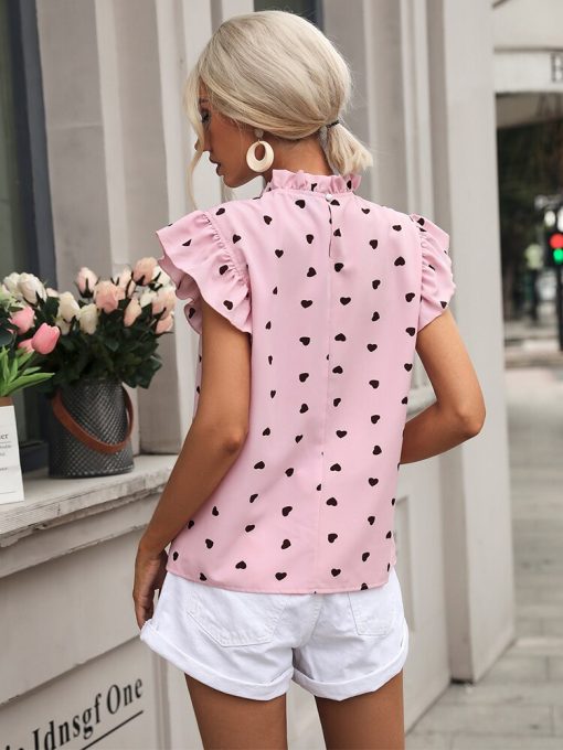 Mini Heart Print BlouseTopsmainimage2Fashion-Chiffon-Print-Women-s-Shirt-Casual-Ruffle-Short-Sleeve-Top-Pink-Chic-Woman-Blouse-And