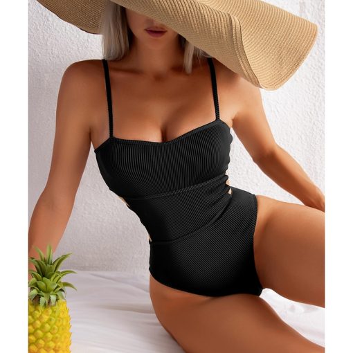 Sexy Ribbed One Piece SwimsuitsSwimwearsmainimage2INGAGA-Sexy-Ribbed-One-Piece-Swimsuit-Solid-Swimwear-Women-2022-Cut-Out-Monokini-High-Cut-Swimming